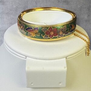 141. Vintage Cloisonné Butterfly Floral Hinged Bangle Bracelet 6 3/4"